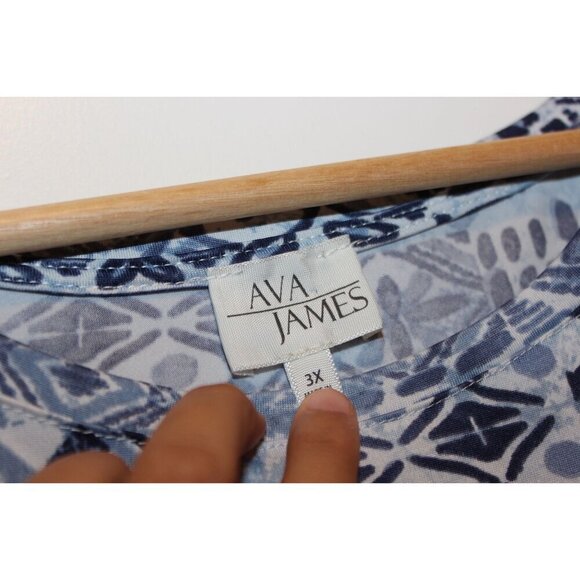 Ava James Womens 3X Blue Geometric Print Short Sleeve Top - Picture 4 of 8